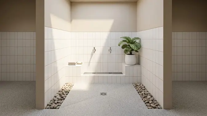 Tempat Wudhu Minimalis dengan Skylight dan Batu Koral/ Model tempat wudhu dengan atap kaca agar terang di siang hari (AI generated)