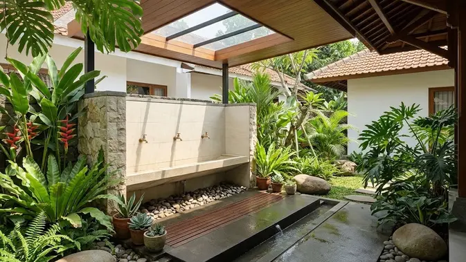 Tempat Wudhu di Taman Samping dengan Skylight/ Model tempat wudhu dengan atap kaca agar terang di siang hari (AI generated)