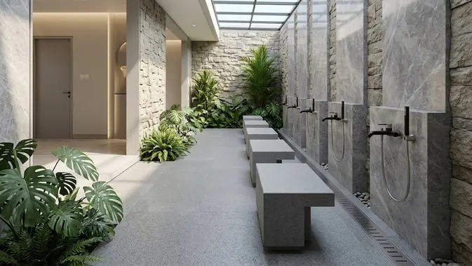 Tempat Wudhu Modern dengan Skylight dan Bangku/ Model tempat wudhu dengan atap kaca agar terang di siang hari (AI generated)
