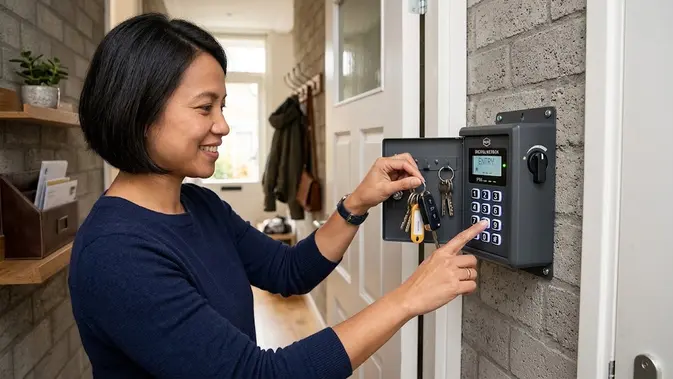 Keybox digital dengan PIN, ide tempat menyimpan kunci agar tidak lupa menaruhnya. [AI Generated]