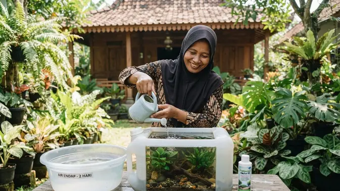 Ilustrasi Mengisi Air dan Memasukkan Ikan. Foto: AI Generated