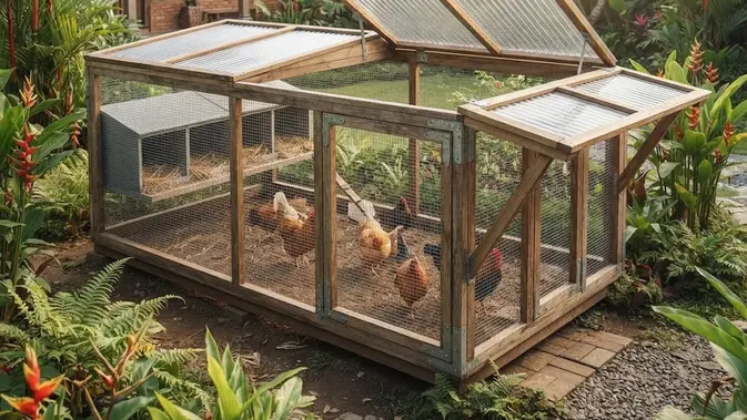 Kandang Ayam dengan Atap Lipat Modular Kandang Ayam dengan Atap Lipat Modular/ Ide kandang ayam dengan atap yang bisa dibuka (Ai generated)