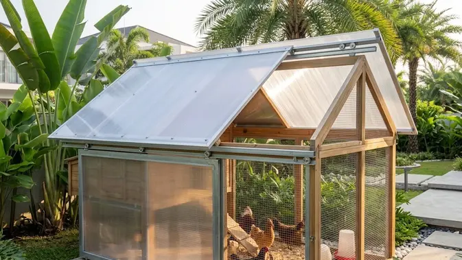 Kandang dengan Sliding Roof Kandang dengan Sliding Roof/ Ide kandang ayam dengan atap yang bisa dibuka (Ai generated)