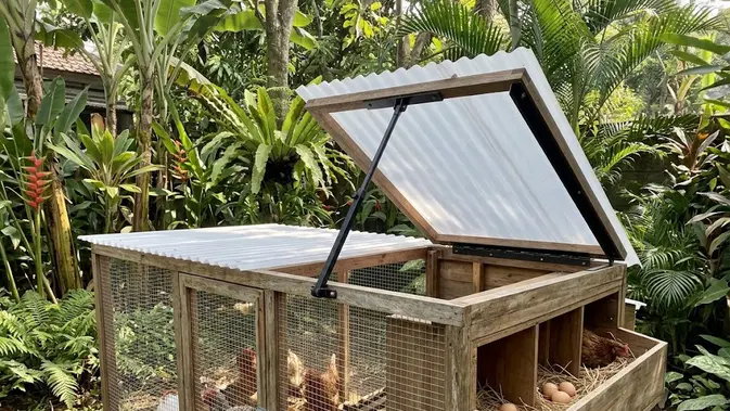 Kandang Ayam dengan Atap Engsel Sebagian Kandang Ayam dengan Atap Engsel Sebagian/ Ide kandang ayam dengan atap yang bisa dibuka (Ai generated)