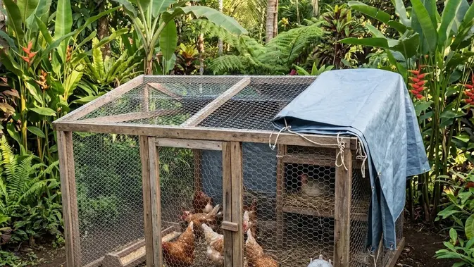 Atap Kawat Ram dengan Penutup yang Bisa Dilepas Atap Kawat Ram dengan Penutup yang Bisa Dilepas/ Ide kandang ayam dengan atap yang bisa dibuka (Ai generated)