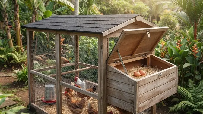 Kandang dengan Atap Buka-Tutup di Atas Area Sarang Kandang dengan Atap Buka-Tutup di Atas Area Sarang/ Ide kandang ayam dengan atap yang bisa dibuka (Ai generated)