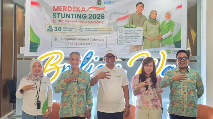 MERDEKA STUNTING - Puluhan ibu hamil mendapatkan pelayanan pemeriksaan kesehatan gratis program Merdeka Stunting di kantor Pegadaian Kanwil V, Jalan Dr Soetomo, Manado, Sabtu 22 Agustus 2026.