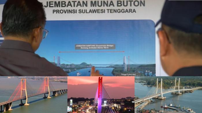 JEMBATAN BUTON MUNA - Kolase foto Menteri Pekerjaan Umum (PU) Dody Hanggodo dan Gubernur Sulawesi Tenggara (Sultra) Andi Sumangerukka melihat gambar desain Jembatan Buton-Muna atau Jembatan Muna-Buton, serta foto arsip sejumlah jembatan terpanjang di Indonesia, mulai Jembatan Suramadu (Jawa Timur), Jembatan Pasteur Bandung (Jawa Barat), serta Jembatan Teluk Kendari (Sultra). Dody didampingi Sumangerukka sebelumnya meninjau lokasi rencana pembangunan Jembatan Buton-Muna di Kelurahan Palabusa, Kecamatan Lea-Lea, Kota Baubau, Minggu (13/07/2025) lalu.