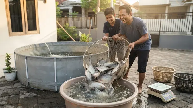 Budidaya gurame tanpa kolam tanah untuk panen yang melimpah di lahan sempit pekarangan rumah waktu panen yang ideal (AI generated)