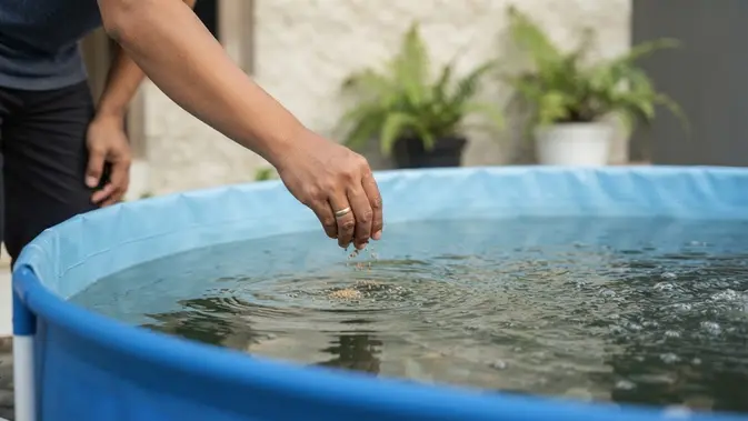 Budidaya gurame tanpa kolam tanah untuk panen yang melimpah di lahan sempit pekarangan rumah dengan keunggulan menggunakan media terpal (AI generated)