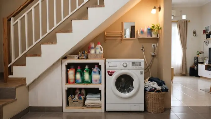 Inspirasi laundry kecil di rumah tanpa banyak renovasi sehingga jadi ruang cuci anti sempit di area bawah tangga (AI generated)