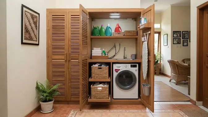 Inspirasi laundry kecil di rumah tanpa banyak renovasi sehingga jadi ruang cuci anti sempit dalam lemari tertutup (AI generated)