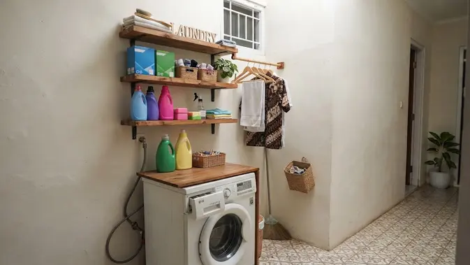 Inspirasi laundry kecil di rumah tanpa banyak renovasi sehingga jadi ruang cuci anti sempit dengan variasi rak dinding (AI generated)