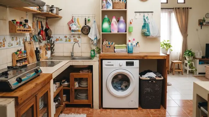 Inspirasi laundry kecil di rumah tanpa banyak renovasi sehingga jadi ruang cuci anti sempit yang menyatu dengan area dapur (AI generated)