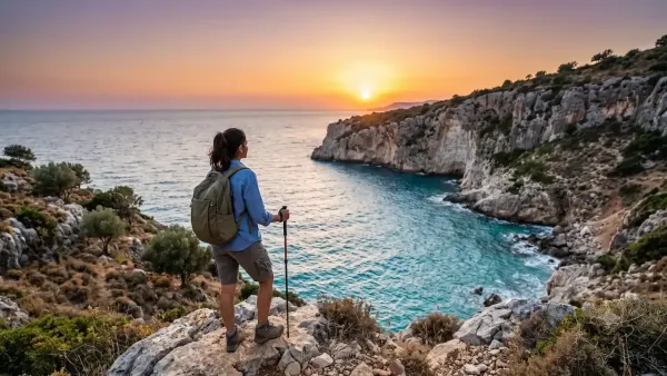 Female hiker with backpack and walking stick standing on rocky cliff admiring beautiful coastal ocean sunset.
