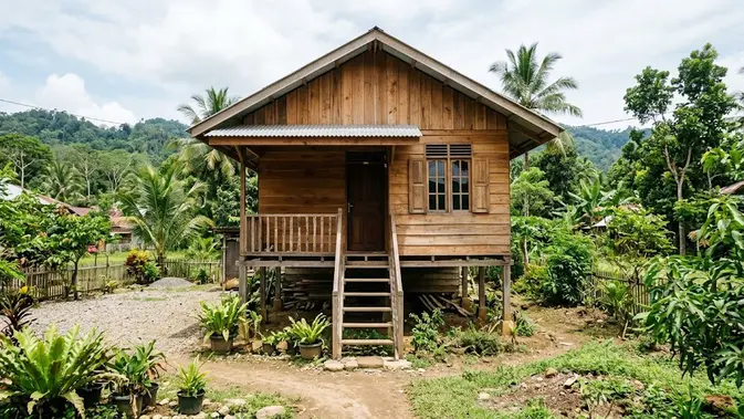 Rumah Panggung Kayu, Hunian 30 Jutaan Adem dan Tahan Banjir. (Gambar: AI Generated)