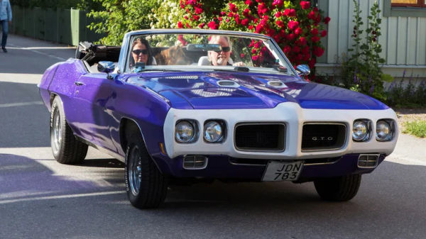 A vibrant purple-colored standard model 1970 Pontiac GTO being driven to a car show.