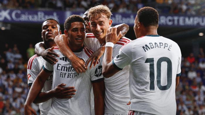 SELEBASI - Aksi para pemain Real Madrid merayakan gol bersama dalam pertandingan melawan Espanyol pada pekan pertama Liga Spanyol di RCDE Stadium, Minggu (23/8/2026) dini hari WIB. Real Madrid berhasil menang dramatis 2-1.