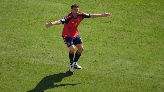 Pemain Spanyol Aymeric Laporte bereaksi dalam laga final Piala Dunia 2026 antara Spanyol vs Argentina di East Rutherford, N.J., dekat New York, Minggu, 19 Juli 2026. (AP Photo/Matt Slocum)