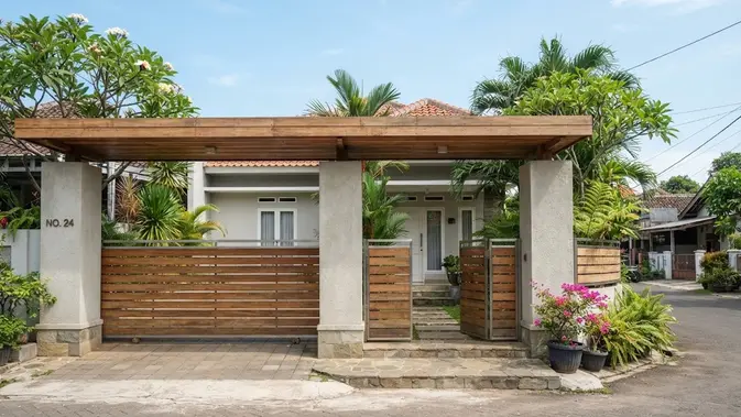 Model gapura rumah sederhana dengan sentuhan kayu yang elegan sehingga bikin hunian biasa jadi megah dengan desain atap kayu datar (AI generated)