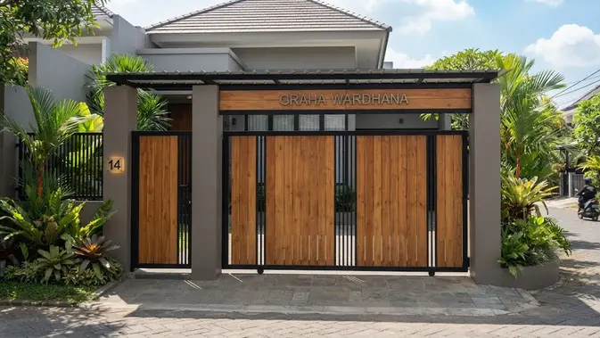 Model gapura rumah sederhana dengan sentuhan kayu yang elegan sehingga bikin hunian biasa jadi megah dengan desain besi (AI generated)