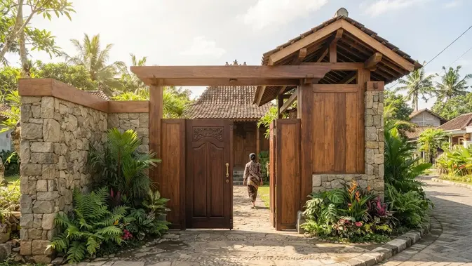 Model gapura rumah sederhana dengan sentuhan kayu yang elegan sehingga bikin hunian biasa jadi megah dengan desain dinding batu (AI generated)
