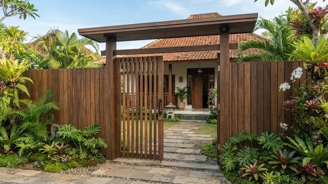 Model gapura rumah sederhana dengan sentuhan kayu yang elegan sehingga bikin hunian biasa jadi megah dengan desain bergaya Jepang (AI generated)