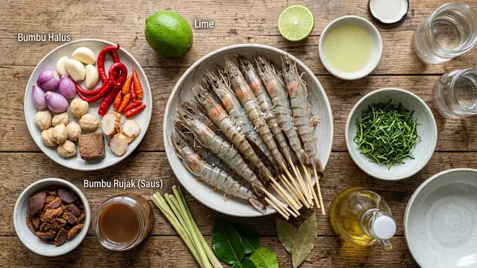 Bahan-bahan membuat Udang Bakar Bumbu Rujak. [AI Generated]