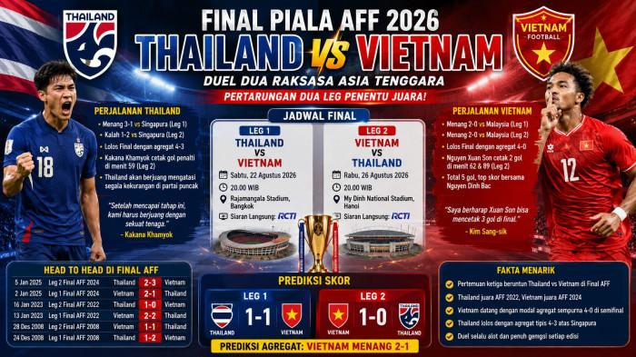 Simak prediksi skor Thailand vs Vietnam di final Piala AFF 2026 lengkap dengan rekor head to head dan jadwal siaran langsung RCTI.