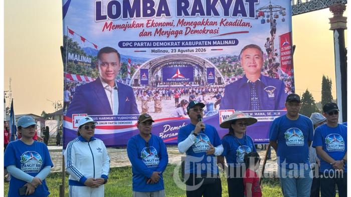 LOMBA RAKYAT - Ketua DPC Demokrat Malinau, Wempi W Mawa membuka kegiatan Lomba Rakyat dalam peringatan HUT ke-81 RI dan penyambutan HUT Partai Demokrat, yang digelar di Panggung Padan Liu' Burung, Malinau, Kalimantan Utara, Minggu (23/8/2026).