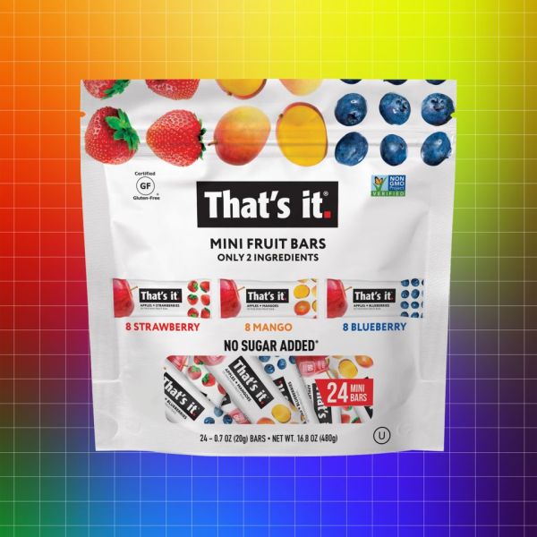 Packaging of Thats It Mini Fruit Bars with images of fruits and details about their flavors and ingredients displayed Credit: Costco. Getty Images. EatingWell design.
