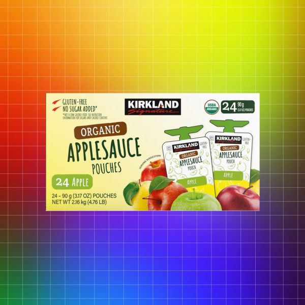 Kirkland organic applesauce pouches in a box with 24 servings displayed against a colorful gradient background Credit: Costco. Getty Images. EatingWell design.