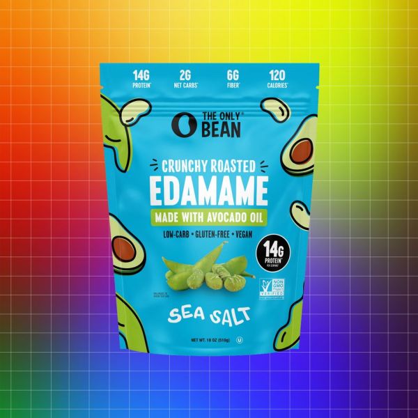A package of crunchy roasted edamame snacks labeled sea salt Credit: Costco. Getty Images. EatingWell design.