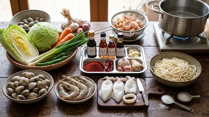 Bahan membuat jjampong kuah seafood pedas. [AI Generated]