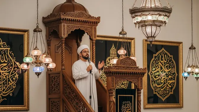 Ilustrasi seorang ulama atau ustadz yang sedang memberikan ceramah tentang Maulid Nabi (AI Generated)