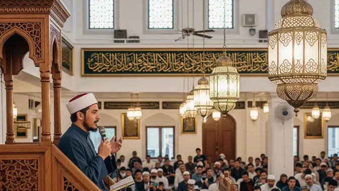 Ilustrasi seorang ulama atau ustadz yang sedang memberikan ceramah tentang Maulid Nabi (AI Generated)