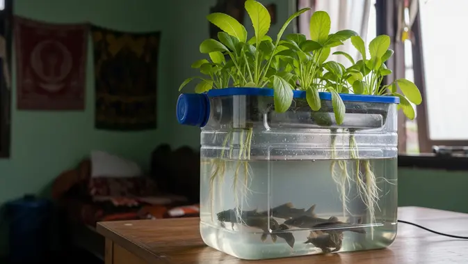 Tanaman Sawi dan Ikan Lele untuk Aquaponik Galon Bekas/ AI Generated