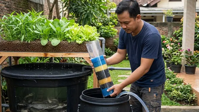 Cara Membuat Aquaponik Lele Sederhana untuk Menanam Sayuran di Pekarangan Rumah (AI Generated)