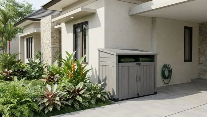 Kotak Penyimpanan Resin atau Plastik Bergaya Shed Horizontal. Foto: AI Generated
