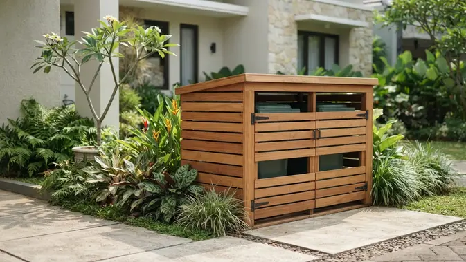 Penutup Bilah Kayu Horizontal (Horizontal Wood Slat Screen). Foto: AI Generated