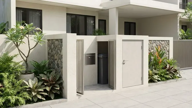 Integrasi Tempat Sampah Built-in pada Dinding Pagar Beton. Foto: AI Generated