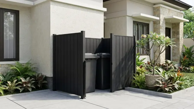 Penyekat Privasi Kayu Hitam / WPC (Privacy Screen). Foto: AI Generated