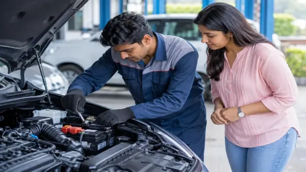 Car technician checking battery and wiring before monsoon