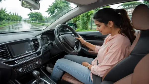 Indian woman driving safely on a wet road during monsoon