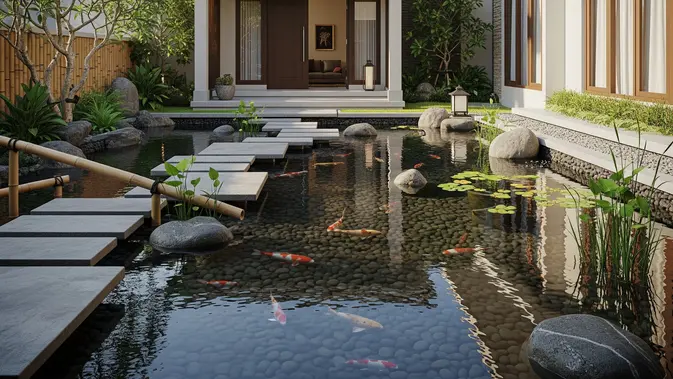 Desain Kolam Ikan Depan Rumah Minimalis (AI Generated)