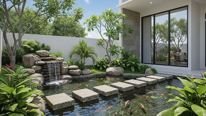 Desain Kolam Ikan Depan Rumah Minimalis (AI Generated)