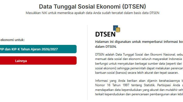 CARA CEK DESIL - Tangkapan layar laman https://dtsen-form.bps.go.id/. Masyarakat kini dapat mengetahui posisi desil keluarganya dalam Data Tunggal Sosial dan Ekonomi Nasional (DTSEN) secara online. Informasi tersebut bisa diperiksa melalui situs resmi Cek DTSEN milik Badan Pusat Statistik (BPS).