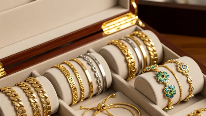 Kotak perhiasan yang berisi koleksi gelang emas harga 2 jutaan di 2025. Foto: Gemini