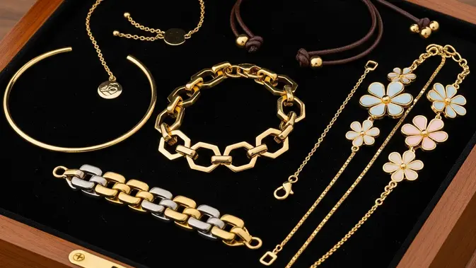 Kotak perhiasan yang berisi koleksi gelang emas harga 2 jutaan di 2025. Foto: Gemini