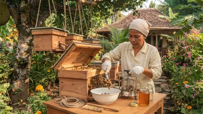 Tahapan Persenjataan dan Pemanenan Madu Tanpa Sengat. Foto: AI Generated